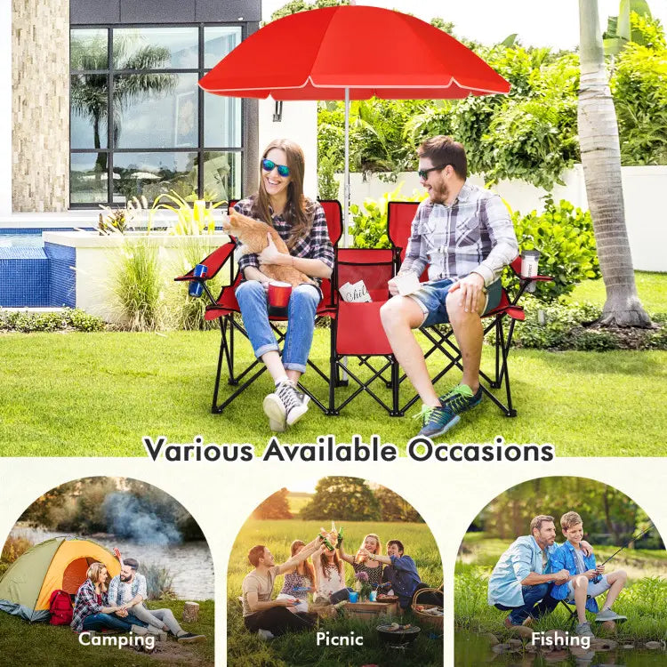 Folding Picnic Loveseat, Outdoor Camping Chair with Sunshade & Storage Cooler