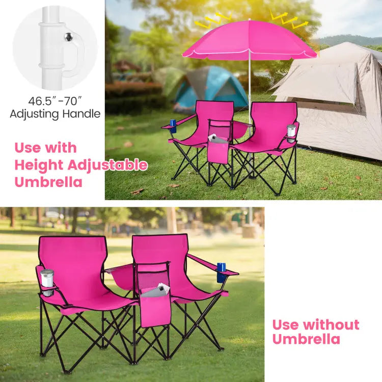 Folding Picnic Loveseat, Outdoor Camping Chair with Sunshade & Storage Cooler