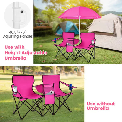 Folding Picnic Loveseat, Outdoor Camping Chair with Sunshade & Storage Cooler