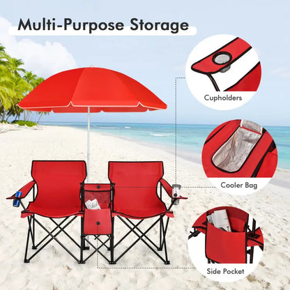Folding Picnic Loveseat, Outdoor Camping Chair with Sunshade & Storage Cooler