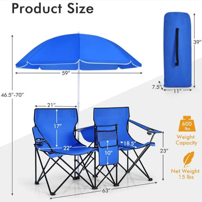 Folding Picnic Loveseat, Outdoor Camping Chair with Sunshade & Storage Cooler