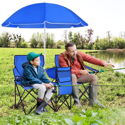 Folding Picnic Loveseat, Outdoor Camping Chair with Sunshade & Storage Cooler