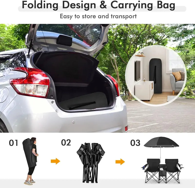 Folding Picnic Loveseat, Outdoor Camping Chair with Sunshade & Storage Cooler