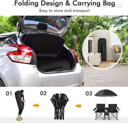 Folding Picnic Loveseat, Outdoor Camping Chair with Sunshade & Storage Cooler