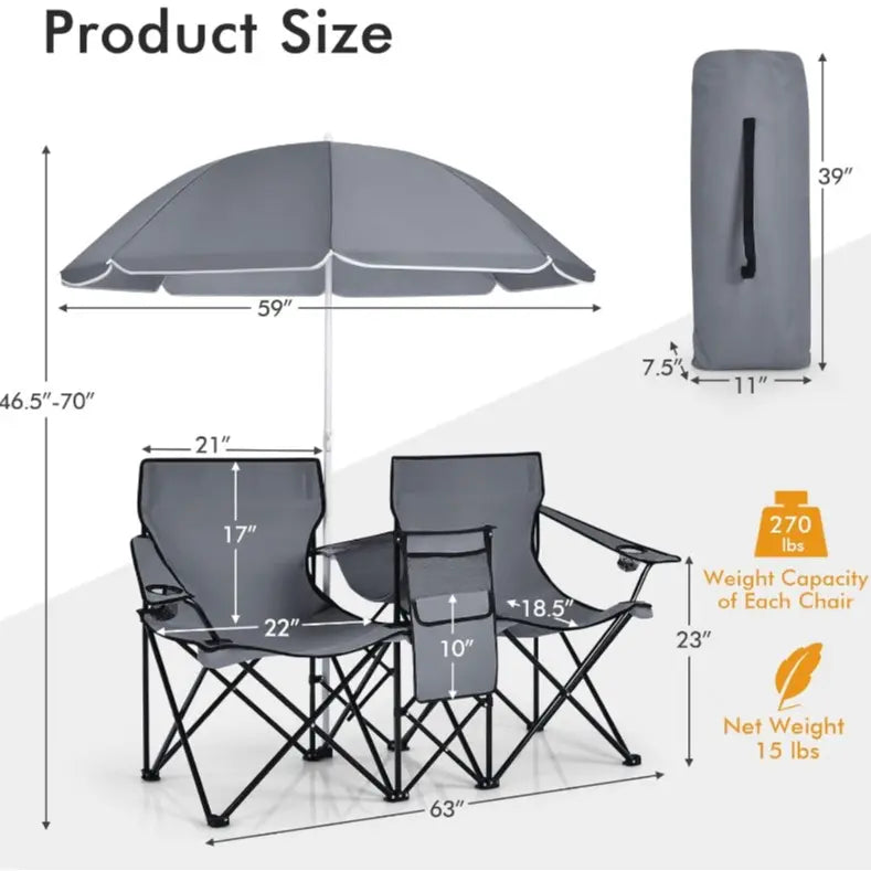 Folding Picnic Loveseat, Outdoor Camping Chair with Sunshade & Storage Cooler