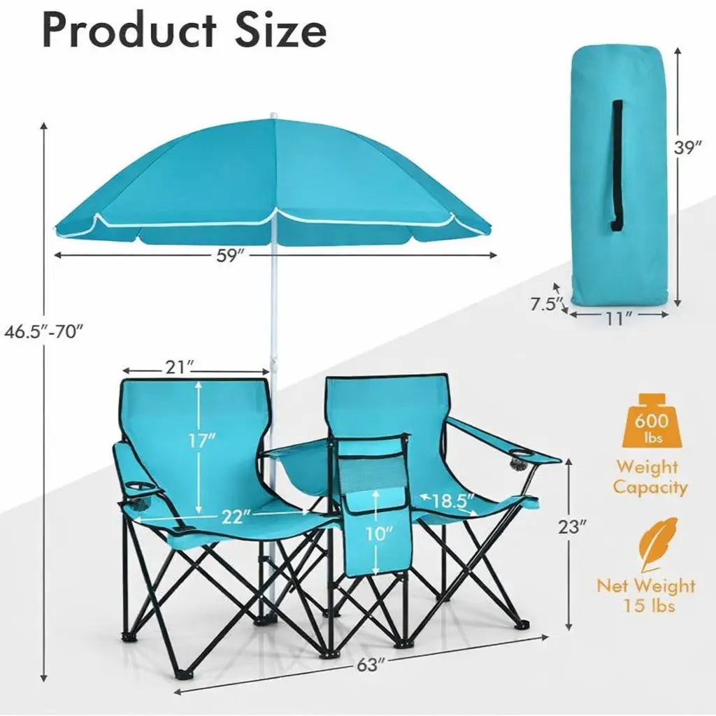 Folding Picnic Loveseat, Outdoor Camping Chair with Sunshade & Storage Cooler
