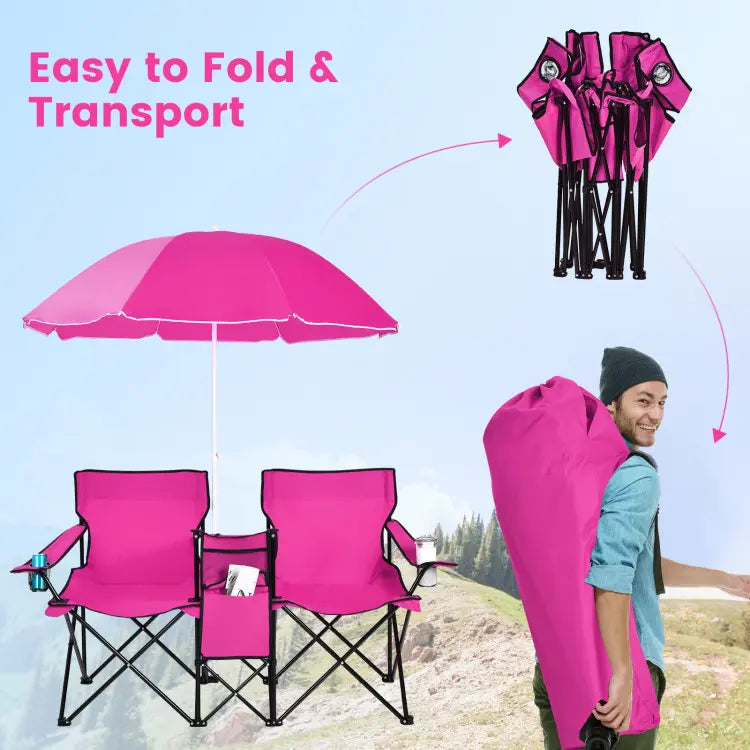 Folding Picnic Loveseat, Outdoor Camping Chair with Sunshade & Storage Cooler