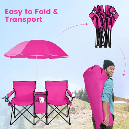 Folding Picnic Loveseat, Outdoor Camping Chair with Sunshade & Storage Cooler