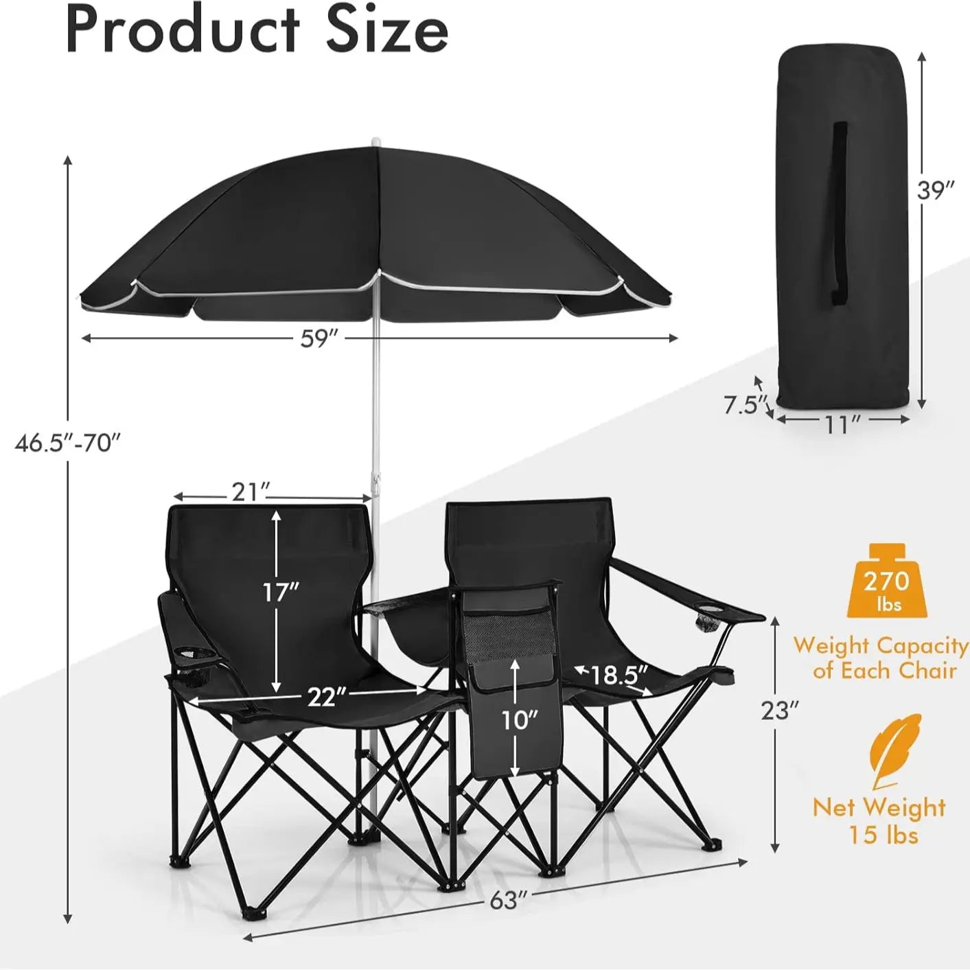Folding Picnic Loveseat, Outdoor Camping Chair with Sunshade & Storage Cooler