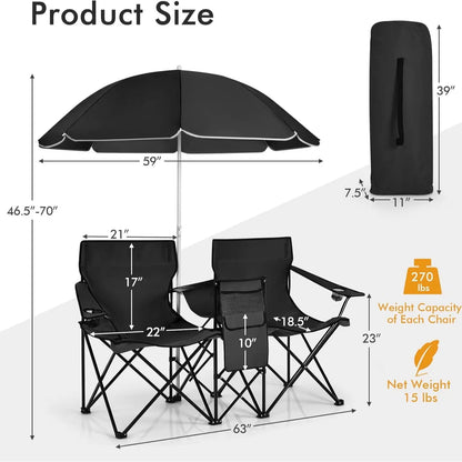 Folding Picnic Loveseat, Outdoor Camping Chair with Sunshade & Storage Cooler