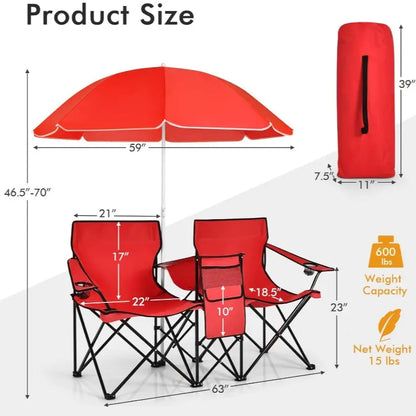 Folding Picnic Loveseat, Outdoor Camping Chair with Sunshade & Storage Cooler