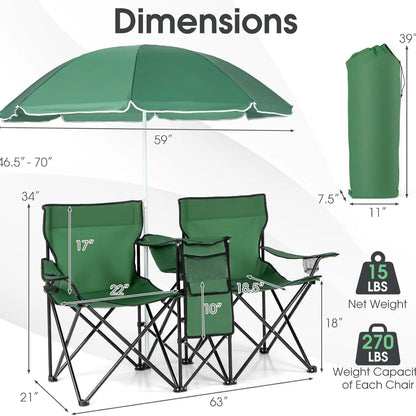 Folding Picnic Loveseat, Outdoor Camping Chair with Sunshade & Storage Cooler